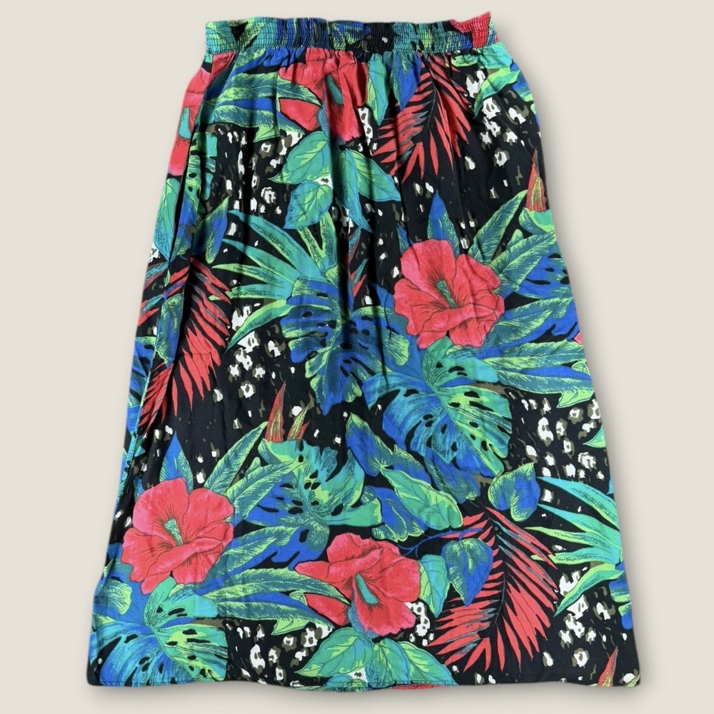Vintage 90s Michele Leslie‎ Tropical Floral Leopard Midi Skirt M Rayon Made USA